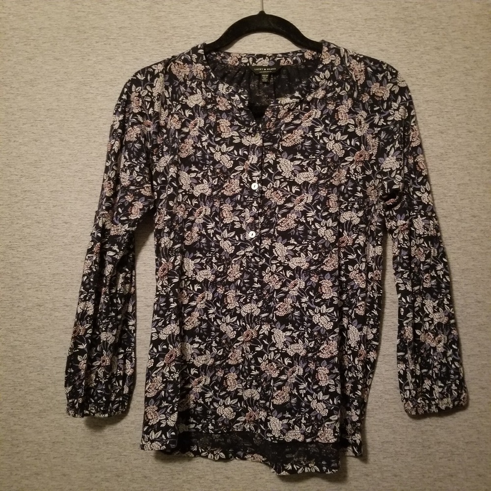 Lucky Brand Floral Print Blouse Women's Black Long Sleeve V-Neck Boho Chic Sz XS